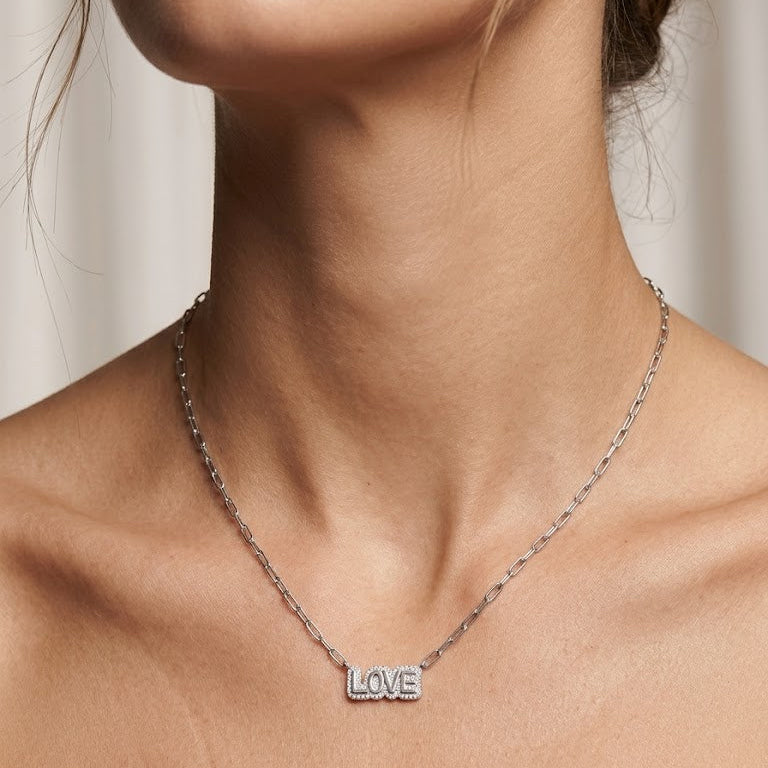Sterling Silver Pavé "LOVE" Necklace
