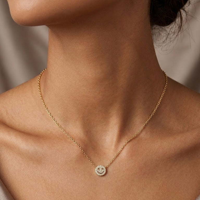 Gold Pave Diamond Smiley Face Necklace