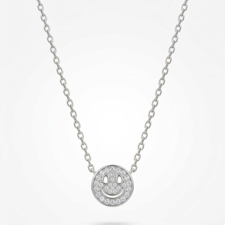 Sterling Silver Pave Diamond Smiley Face Necklace