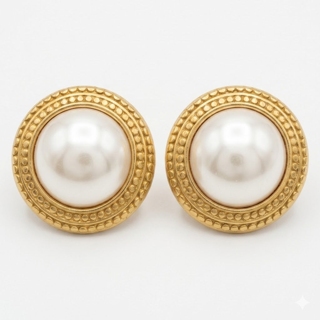 Beaded Gold and Pearl Button Earrings