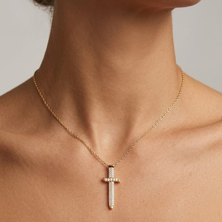 Gold Pavé Diamond Sword Necklace