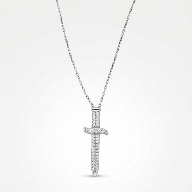 Sterling Silver Pavé Diamond Sword Necklace