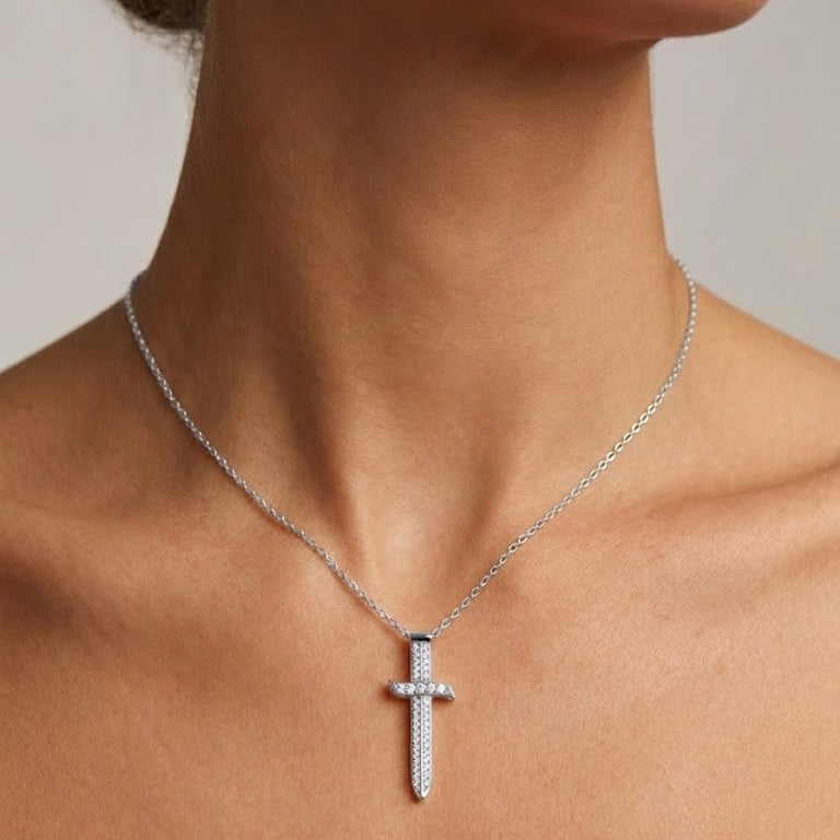 Sterling Silver Pavé Diamond Sword Necklace