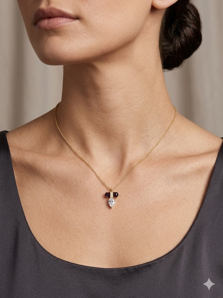 Amethyst and Diamond Drop Pendant Necklace