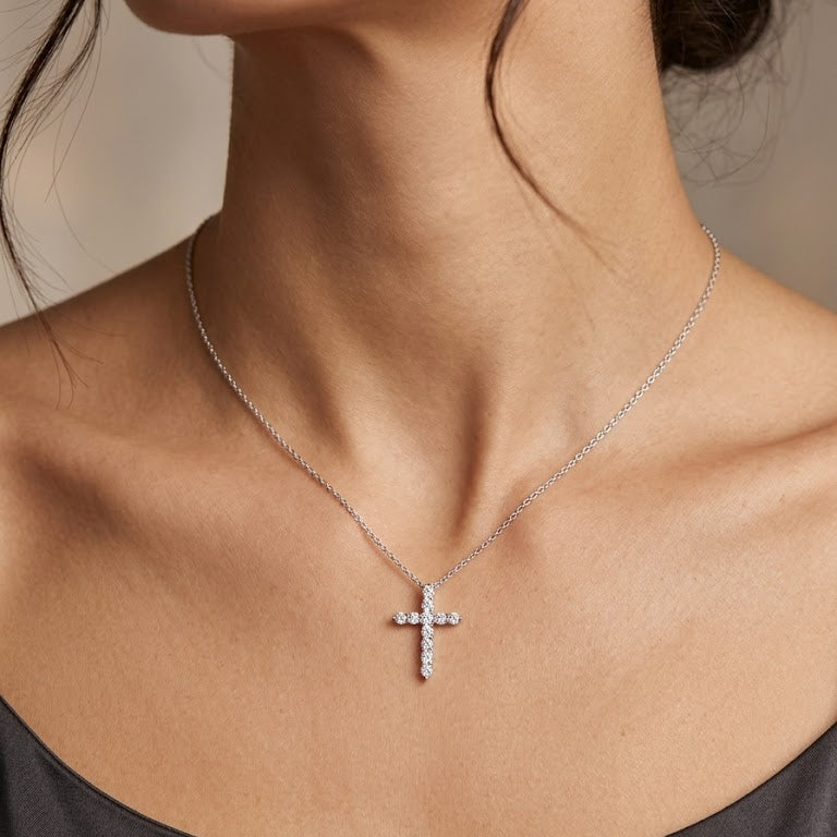 Sterling Silver Classic Brilliant-Cut Diamond Cross Necklace