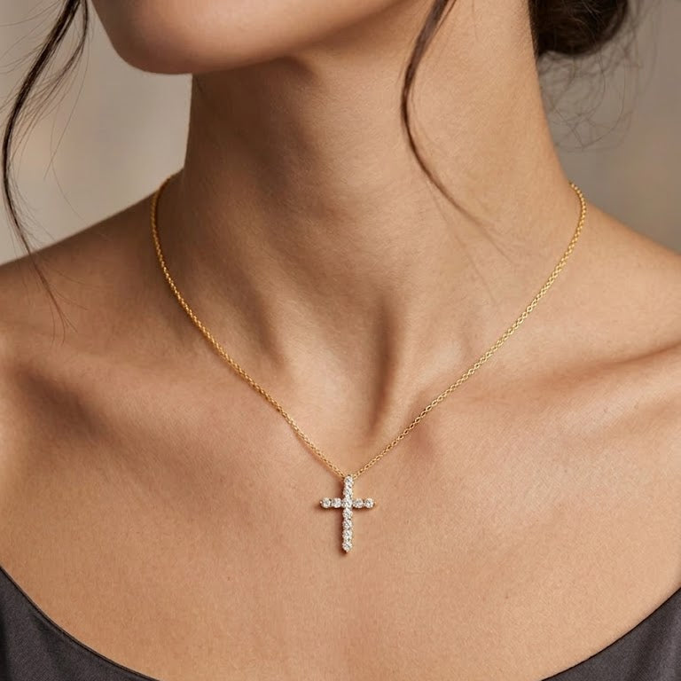 Gold Classic Brilliant-Cut Diamond Cross Necklace