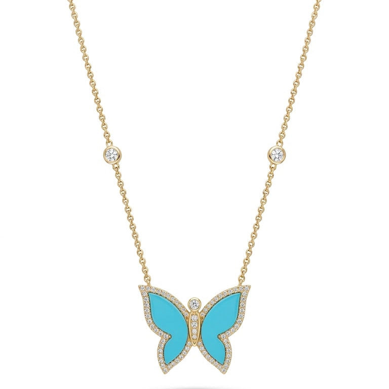 Turquoise and Pavé Diamond Butterfly Necklace