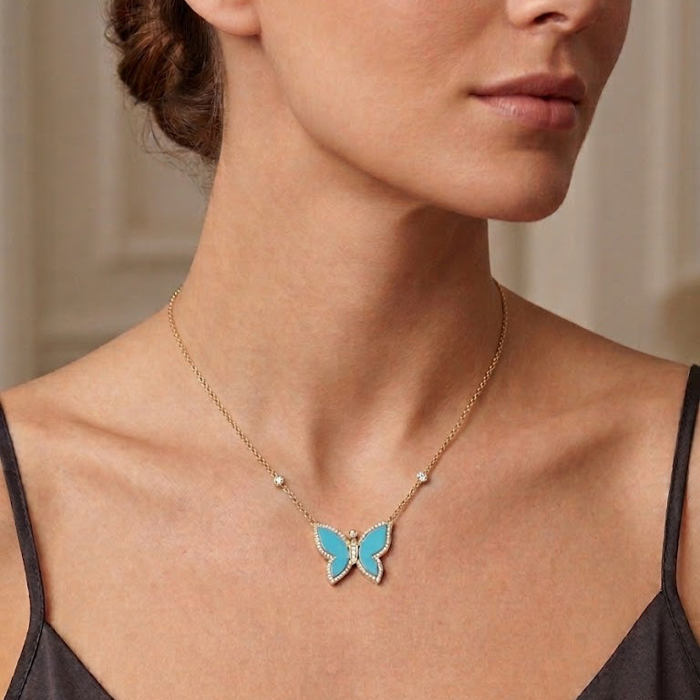 Turquoise and Pavé Diamond Butterfly Necklace