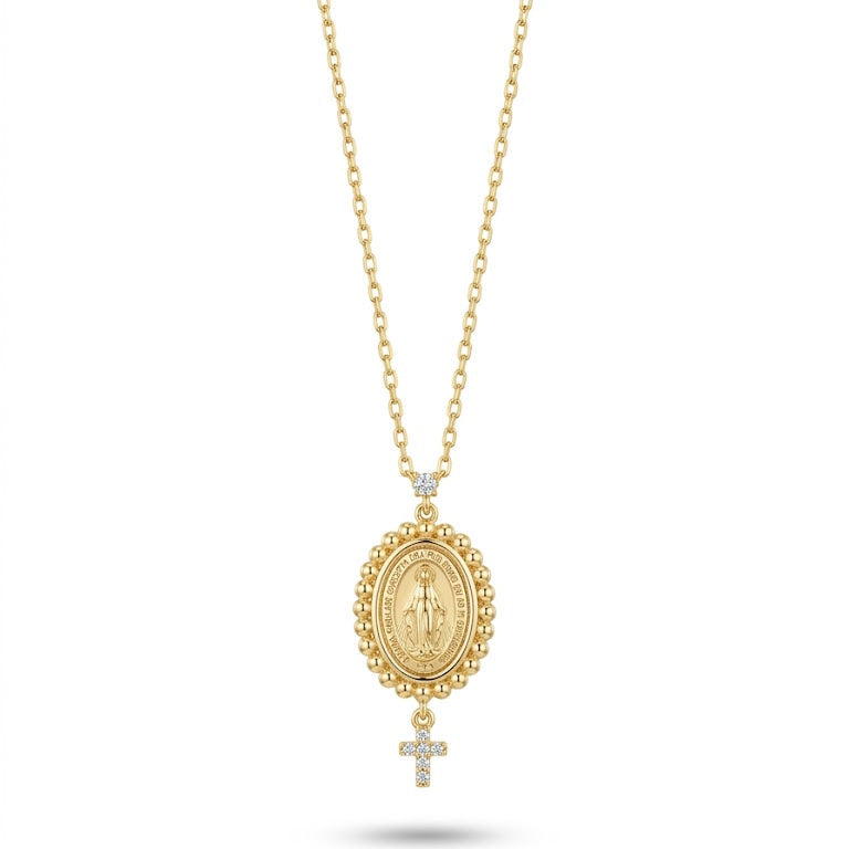 Gold Miraculous Medal and Diamond Cross Necklace
