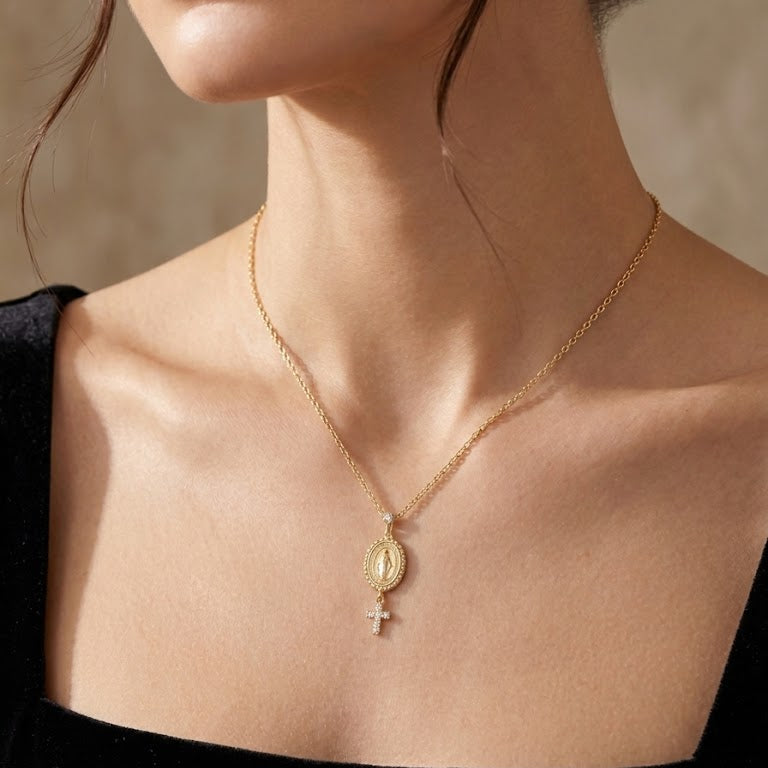 Gold Miraculous Medal and Diamond Cross Necklace