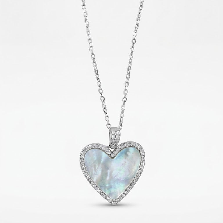 Sterling Silver Mother of Pearl Heart Halo Necklace