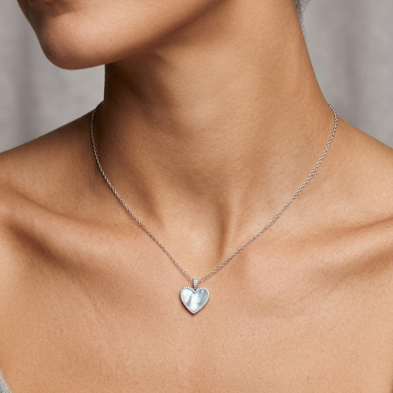 Sterling Silver Mother of Pearl Heart Halo Necklace