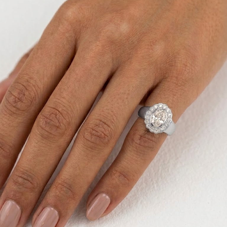 Sterling Silver Diamond Oval Halo Statement Pinky Ring