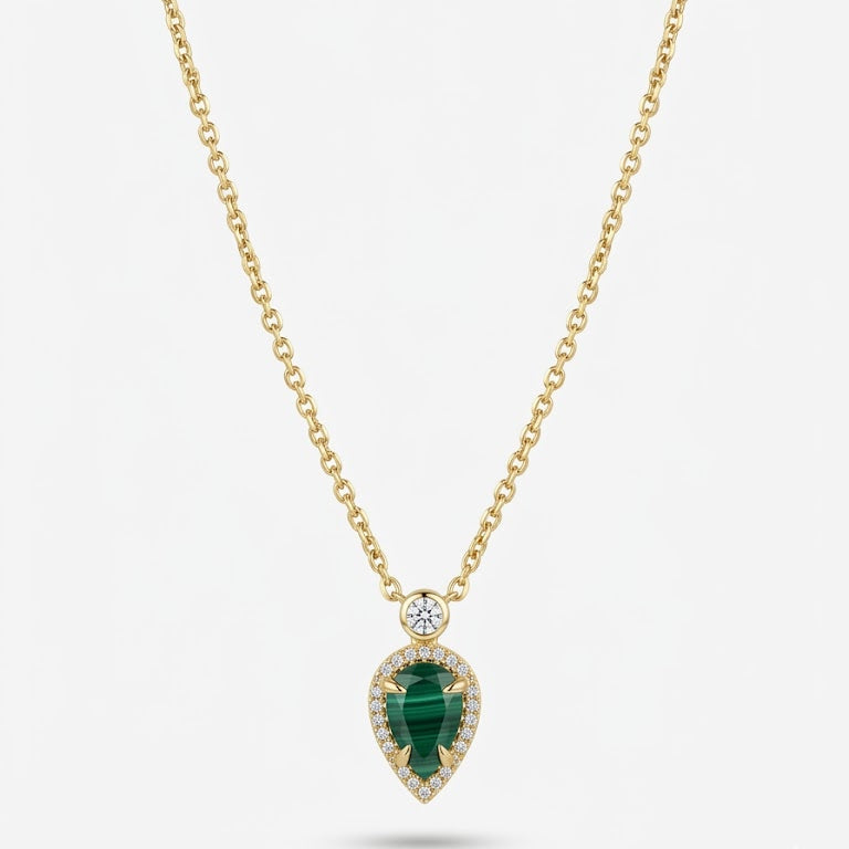 Malachite and Diamond Halo Drop Necklace