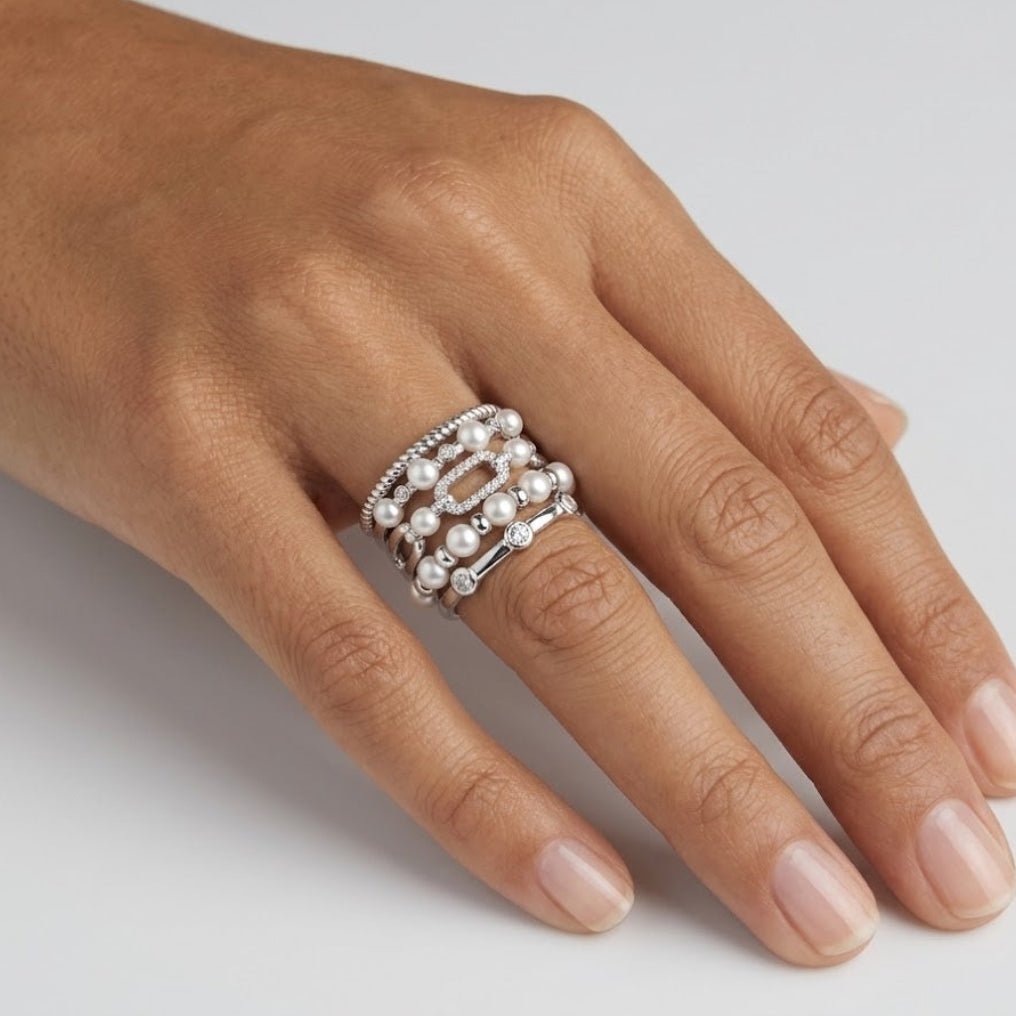 Sterling Silver Radiant Pearl & Pavé Stack Ring