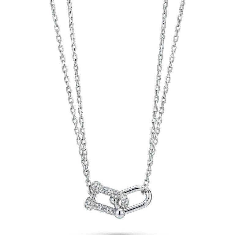 Sterling Silver Interlocking Pavé Link Double Chain Necklace