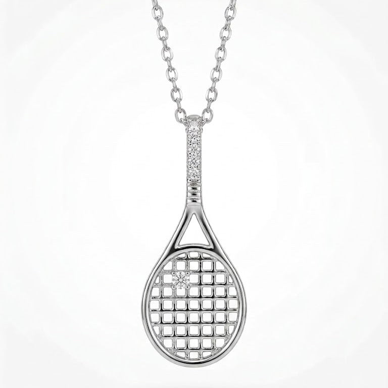 Sterling Silver Diamond Tennis Racket Pendant Necklace