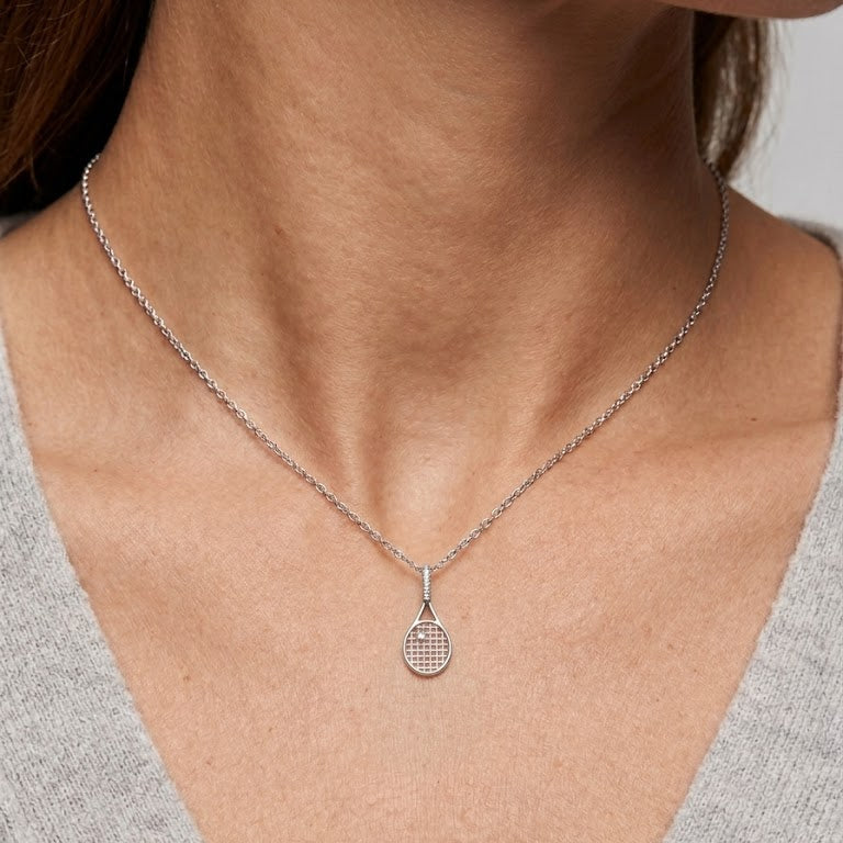 Sterling Silver Diamond Tennis Racket Pendant Necklace