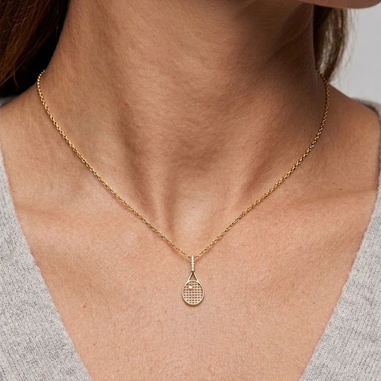 Gold Diamond Tennis Racket Pendant Necklace