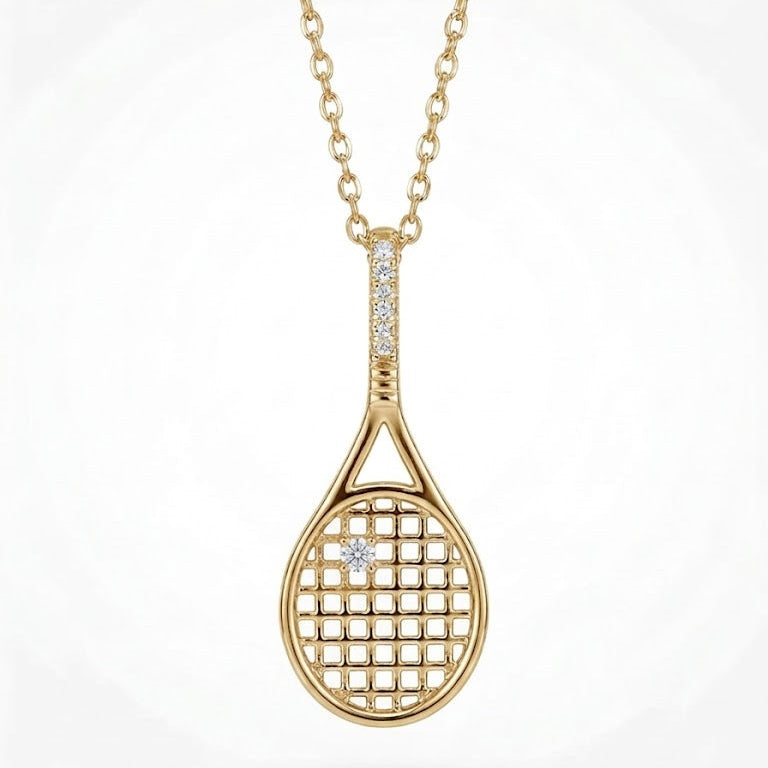 Gold Diamond Tennis Racket Pendant Necklace