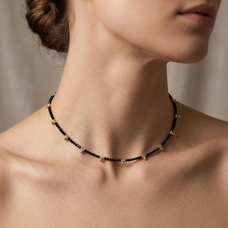 Black Bead and Polished Gold Cluster Choker