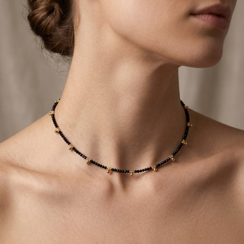 Black Bead and Polished Gold Cluster Choker