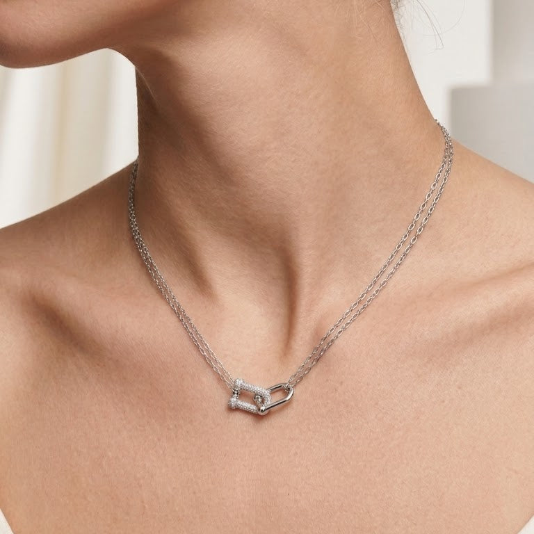 Sterling Silver Interlocking Pavé Link Double Chain Necklace