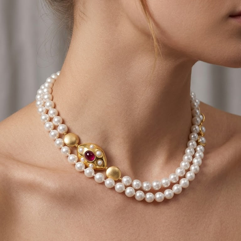 Regal Double-Strand Pearl Statement Necklace