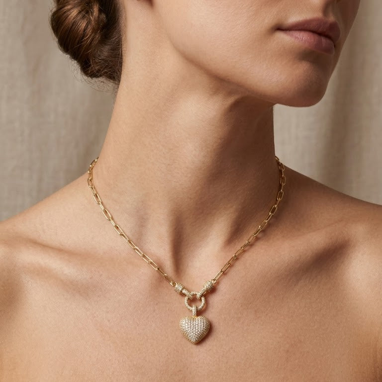 Pave Heart Paperclip Statement Necklace