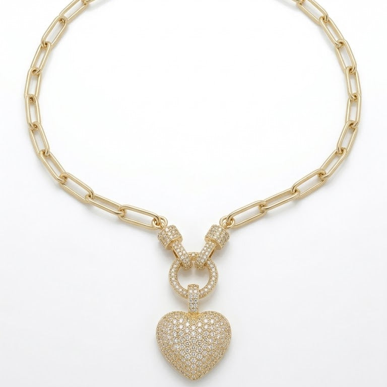 Pave Heart Paperclip Statement Necklace