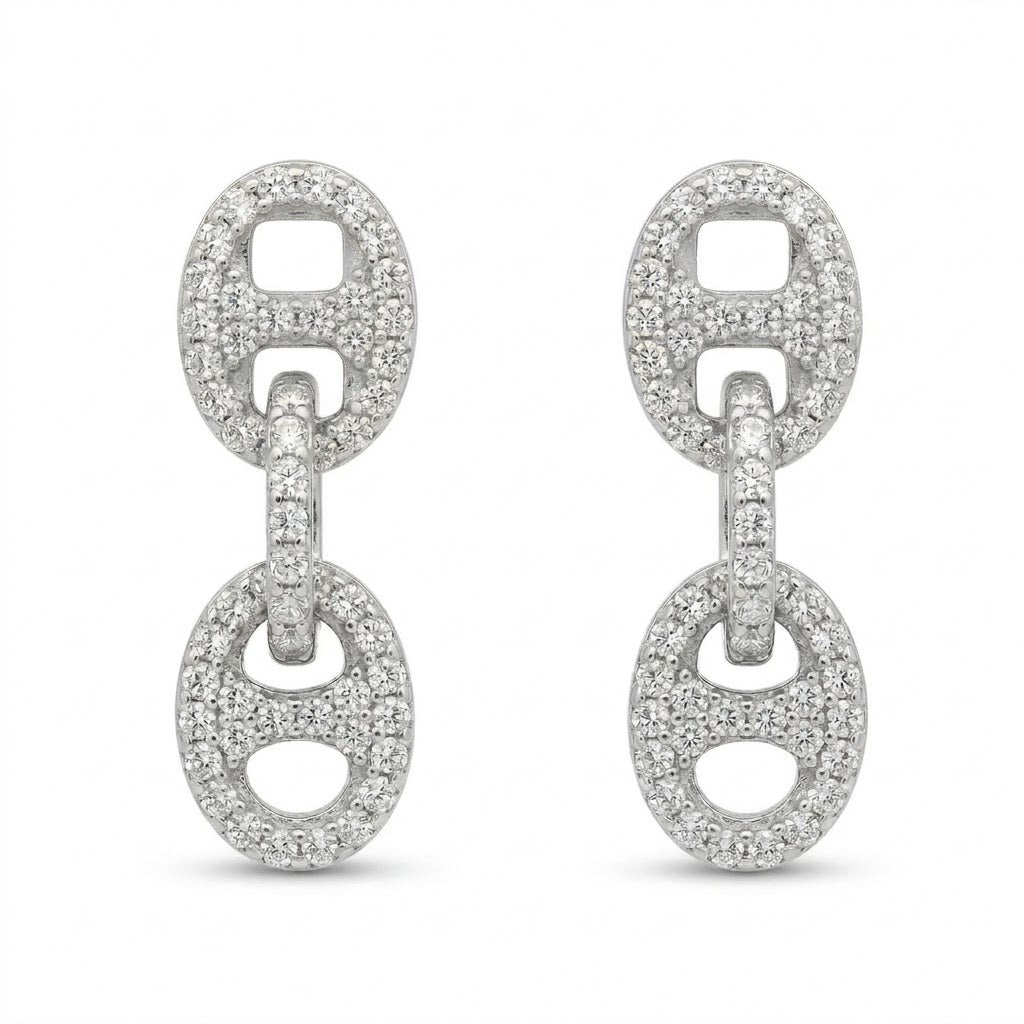 Sterling Silver Pave Diamond Mariner Link Drop Earrings