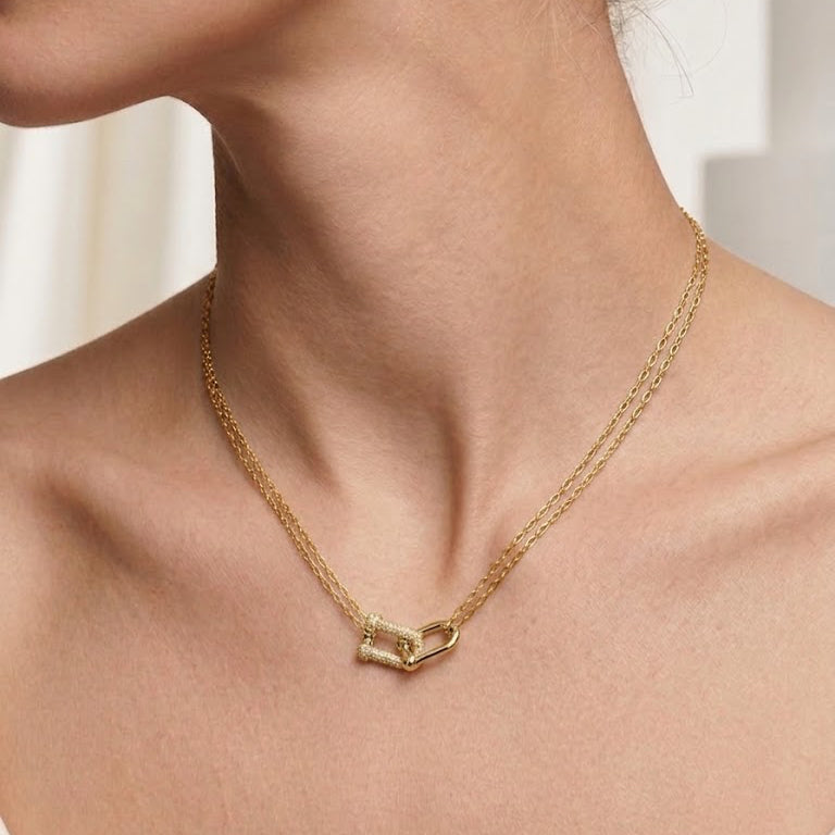 Gold Interlocking Pavé Link Double Chain Necklace