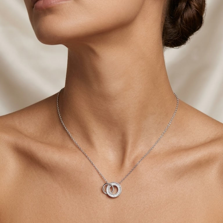 Sterling Silver Interlocking Baguette Double Ring Necklace