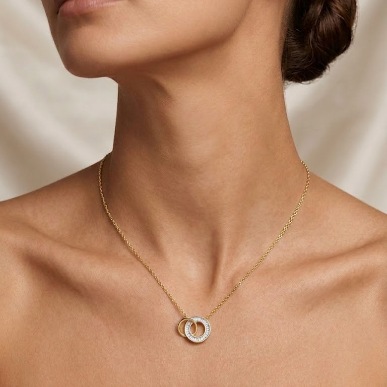 Gold Interlocking Baguette Double Ring Necklace