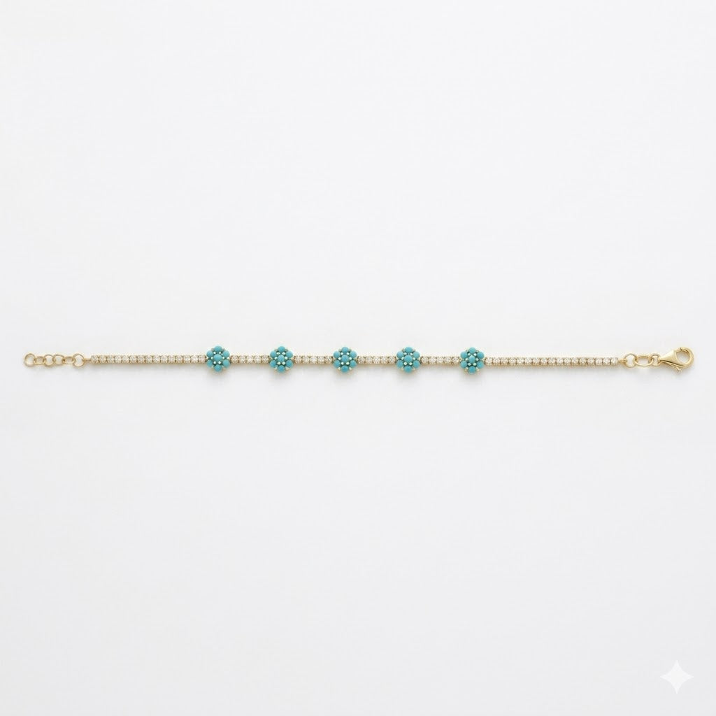 Gold Turquoise and Diamond Flower Tennis Bracelet