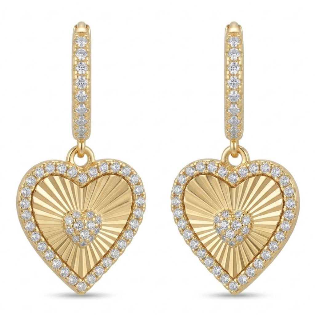 Gold Radiant Sunburst Pavé Heart Drop Earrings