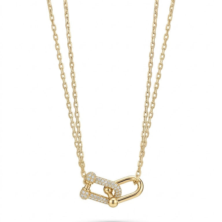 Gold Interlocking Pavé Link Double Chain Necklace