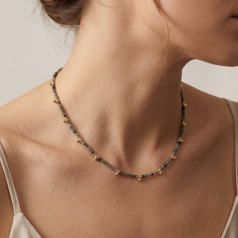 Multi-Color Bead and Polished Gold Cluster Choker