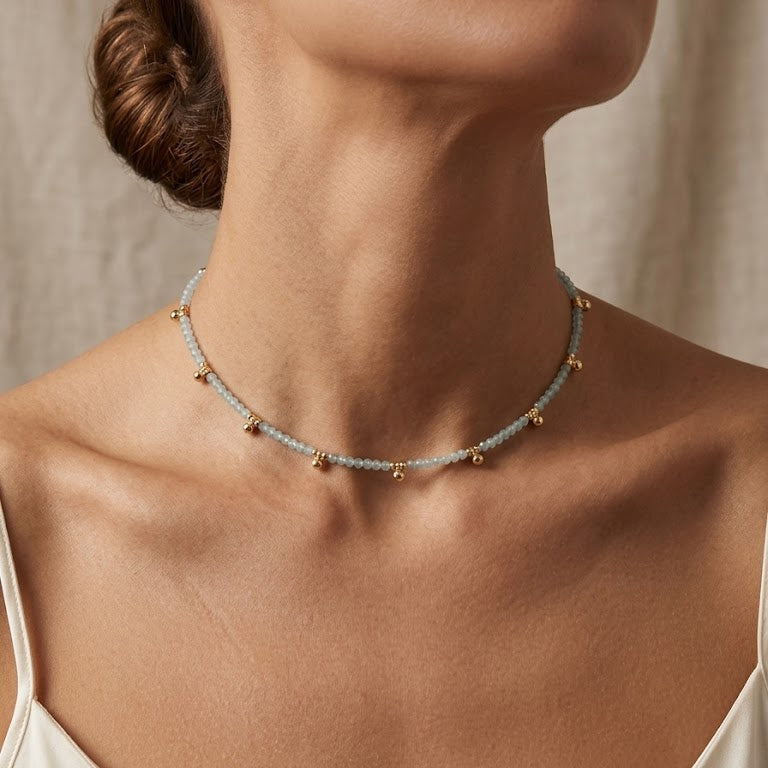 Blue Green Bead and Polished Gold Cluster Choker