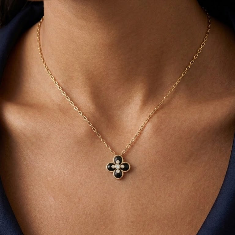 Petite Gold & Black Quatrefoil Pendant