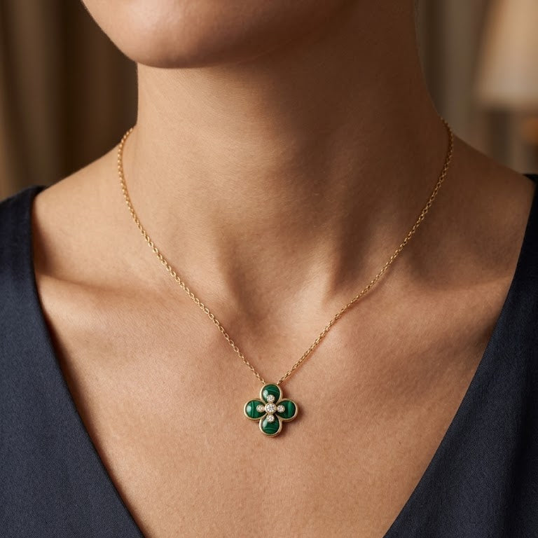 Petite Gold & Green Quatrefoil Pendant