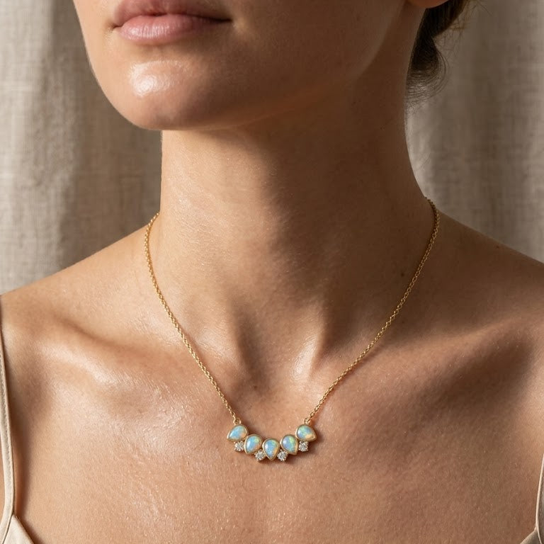 Luminous Pear-Cut Opal & Diamond Arc Necklace