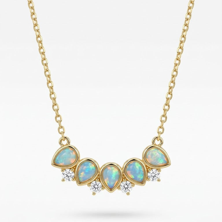 Luminous Pear-Cut Opal & Diamond Arc Necklace