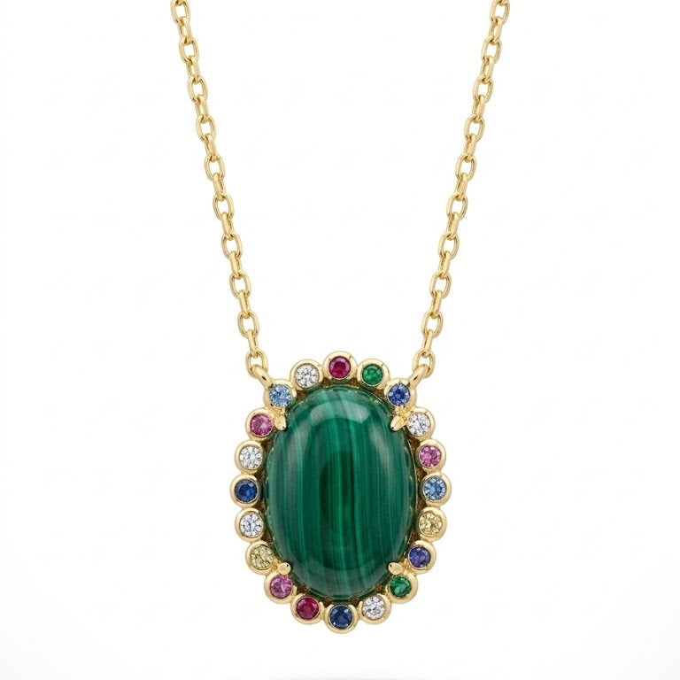 Vibrant Malachite and Rainbow Halo Necklace