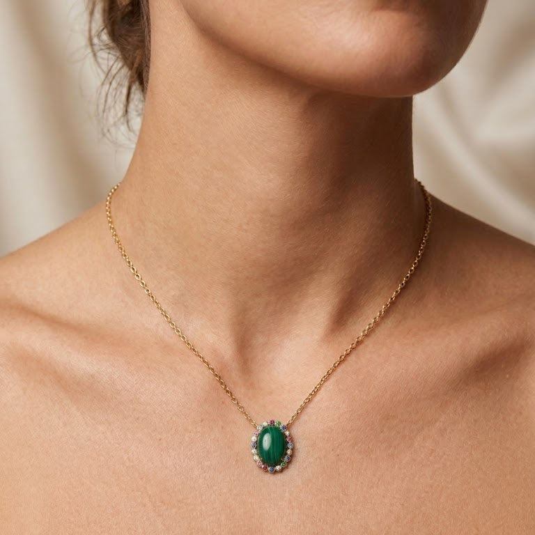 Vibrant Malachite and Rainbow Halo Necklace