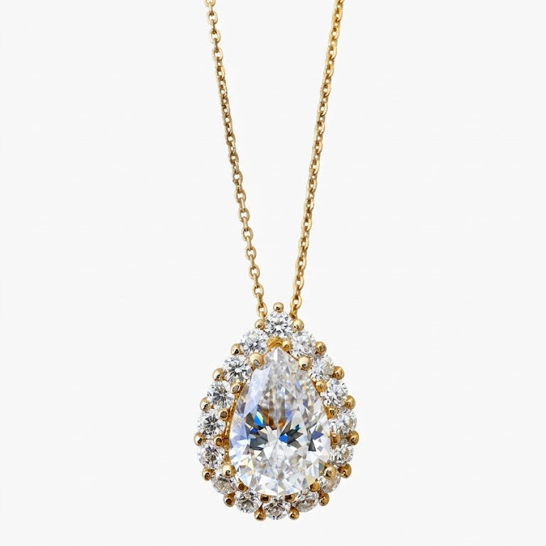 Gold Pear-Cut Diamond Halo Necklace