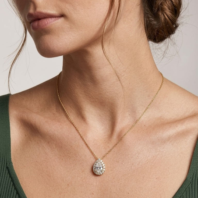 Gold Pear-Cut Diamond Halo Necklace