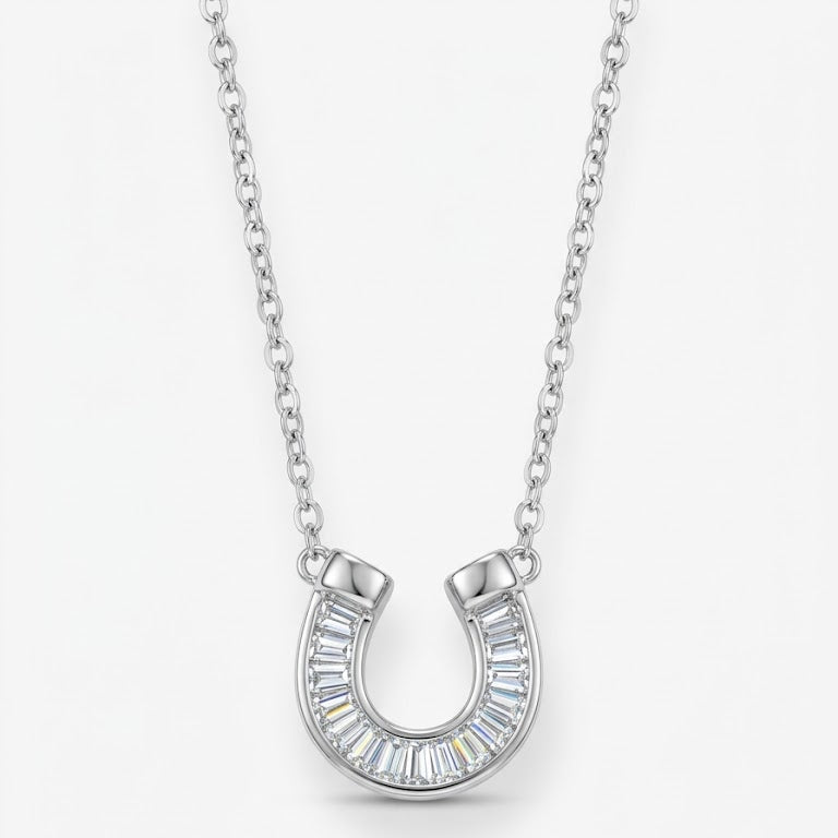 Sterling Silver Baguette Horseshoe Pendant Necklace