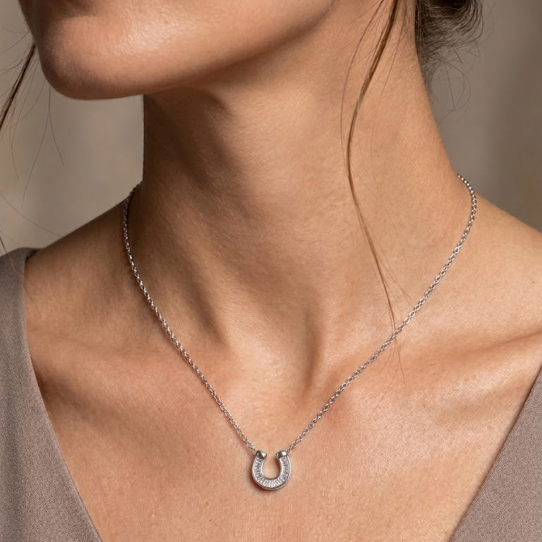 Sterling Silver Baguette Horseshoe Pendant Necklace