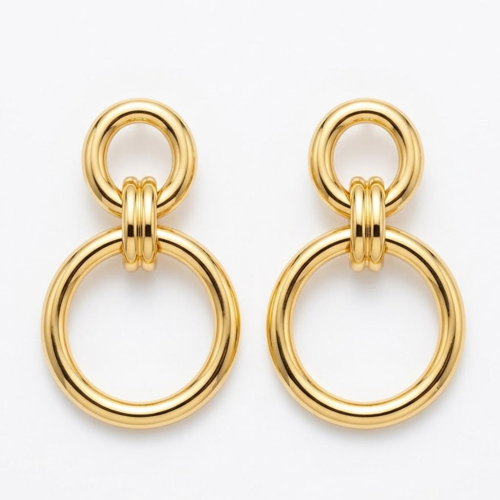 Classic Gold Linked Double Hoop Drop Earrings